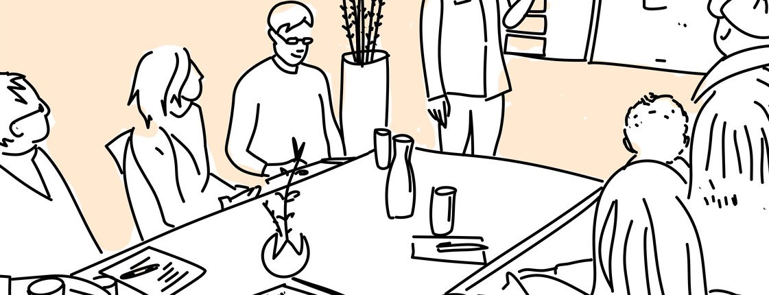 Illustration von Menschen, die zusammen an einem Tisch sitzen