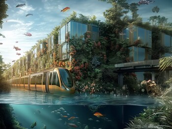 ein generiertes Bild der künstlichen Intelligenz von einer Straßenbahn im grünen Straßenraum