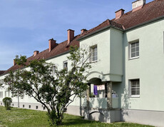 Wohnhaus vor dem ein grüner Baum steht