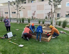 Menschen rund um ein Gartenbeet beim Anpflanzen